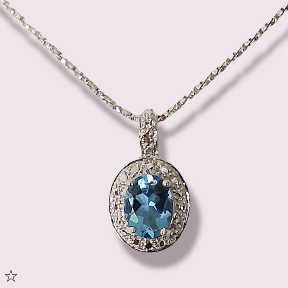 Blue Topaz 925 Sterling Silver Oval Pendant Necklace Box Chain 18in December